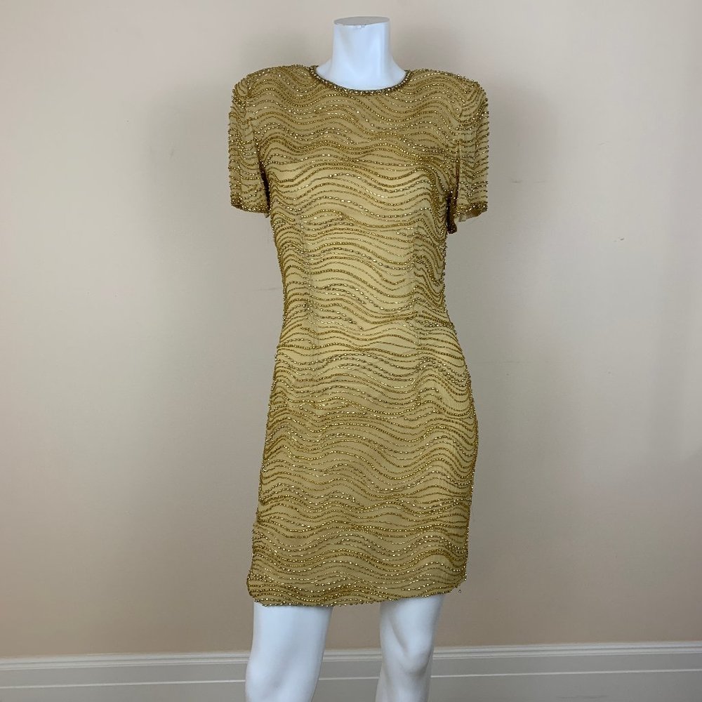 A.J. Bari Gold Beaded Silk Midi Cocktail Dress